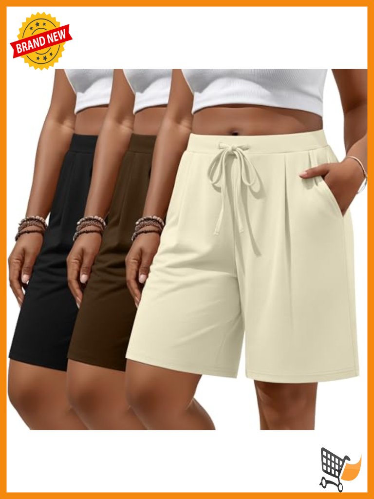 Plus Size Bermuda Shorts Casual Knit Drawstring Knee Length With Pockets 3 Pack